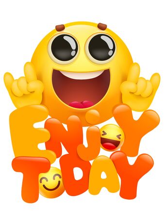 yellow emoji 3d smile face cartoon character. enjoy today title. Vector illustrationのイラスト素材