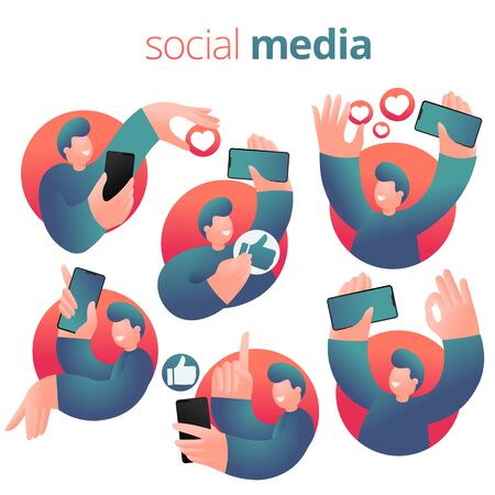 Social Networking expression guy with smartphone. Set of icons. Vector illustrationのイラスト素材