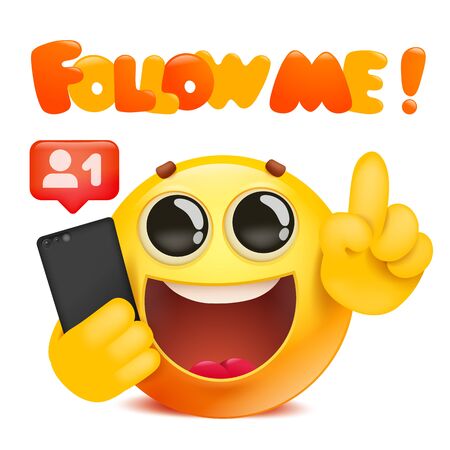 Follow me template card with cartoon 3d yellow emoji character holding smartphone. For video streaming website banners, blogs, content updates and news feed. Vector illustrationのイラスト素材