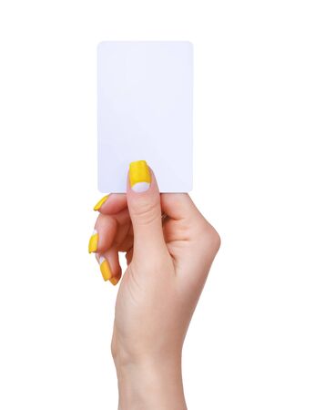 Female hand holding blank paper business card template, closeup isolated on white background