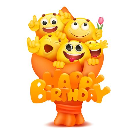 Emoji bouquet with cartoon yellow smile face characters. Happy birthday card template. Vector illustrationの写真素材