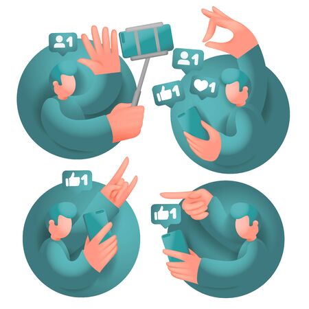 Set of icons with male cartoon 3d characters, having online communication with mobile phones in social network. Vector collection.のイラスト素材