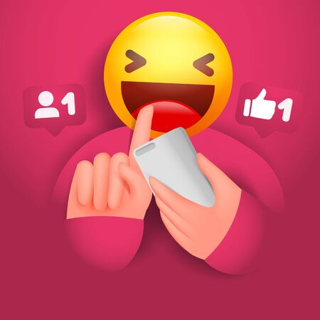 Social media concept card with smile head manholding smart phone and touch screen. Vector illustrationのイラスト素材