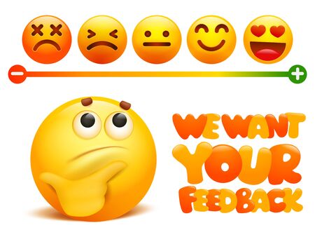 Feedback concept. Rank, level of satisfaction rating in form of yellow emoji cartoon characters. User experience. Review of consumer. Vector illustrationのイラスト素材