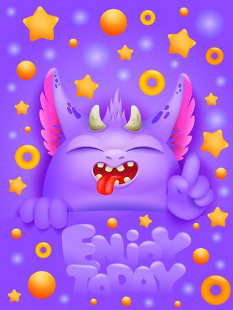 Birthday greeting card with cartoon emoji purple monster character. Vector illustrationのイラスト素材