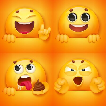 Set of yellow smiley face emoji characters in various emotions and situations. Vector illustrationのイラスト素材