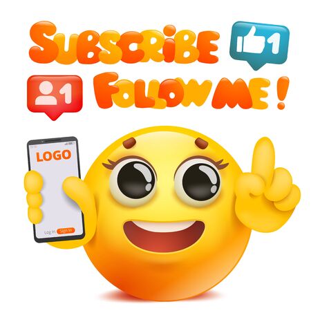 Subscribe and follow me card with cartoon 3d yellow emoji character holding smartphone. Vector illustrationのイラスト素材