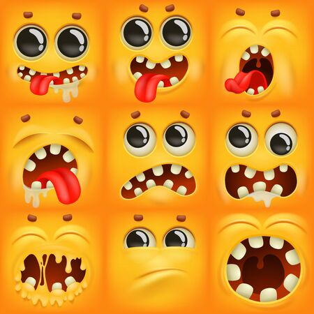 Yellow cartoon emoji characters square icons set in various emotions. Vector illustrationのイラスト素材