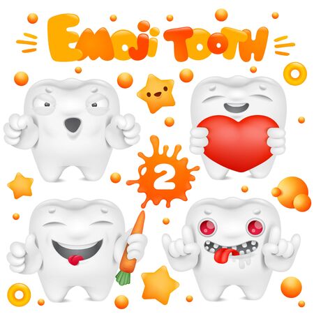 Tooth cartoon emoji character in various emotions collection. Vector setのイラスト素材
