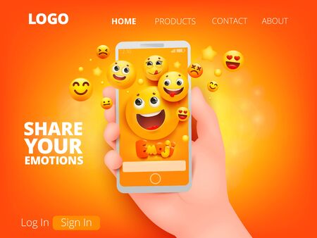 Mobile phone in cartoon style on yellow background. Hand holding smartphone. Yellow emoji smile face characters in various emotionsのイラスト素材