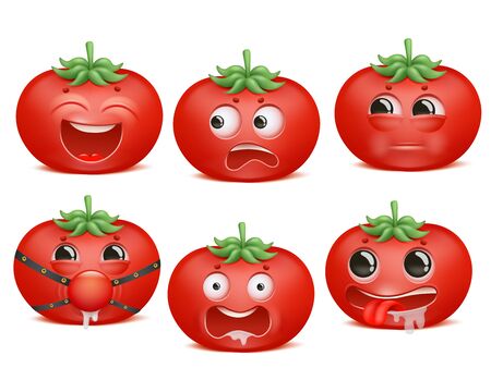 Tomato emoji cartoon character set. Various emotions. Passion, Bdsm, fear, crazy, mad insultのイラスト素材
