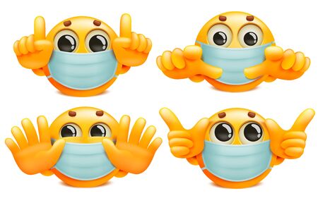 A set of yellow round emoji characters in white medical masks. Cartoon style collection. Vector illustrationのイラスト素材