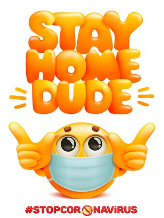 Stay home dude poster with yellow emoji character in medical mask. Coronavirus protection. 3d cartoon style. Vector illustrationのイラスト素材