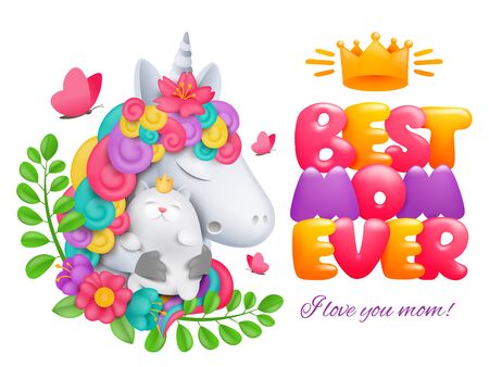 Happy Mothers Day card design. Best mom ever title. Unicorn cartoon character holding cat. Vector illustrationのイラスト素材