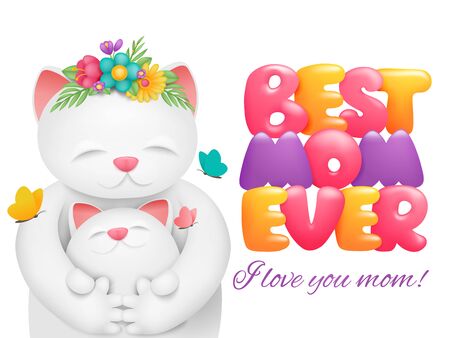 Happy Mothers Day card design. Best mom ever title. Cartoon white cat cute character with kid. Vector illustrationのイラスト素材