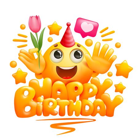 Happy birthday greeting card template in cartoon style. Yellow emoji character with tulip flower in hand. Vector illustrationのイラスト素材