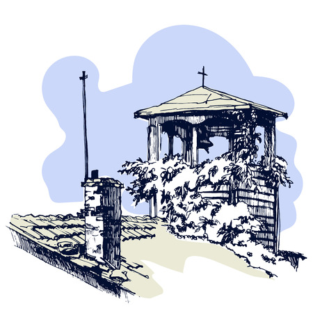 Old Roof with bell tower in a village. Vector illustrationのイラスト素材