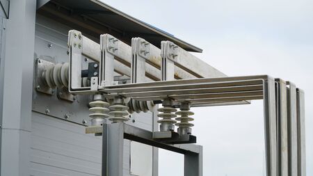 Busbar High Voltage. The high-voltage switch, high voltage element of the cell, an electrical isolator. Low voltage busbar. nの写真素材