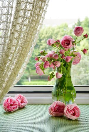 Vase with a flower on the windowsill of a country house. Romantic composition. Tender card for congratulations with place for text. nの写真素材