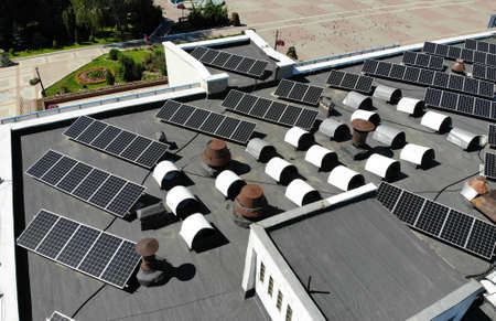 Solar panel system on the roof of the house. Green energy. Electricity. Solar panels on the roof. Green energy concept. nの写真素材