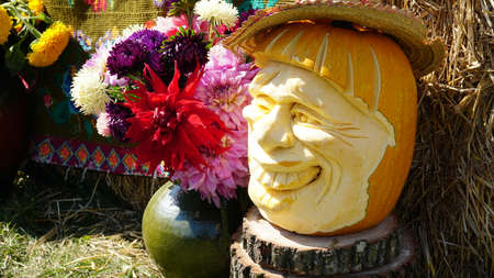 Pumpkin carving in the shape of a human head. Halloween pumpkin.の写真素材