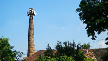 Telecommunication tower of 4G and 5G cellular. Base Station or Base Transceiver Station. Wireless Communication Antenna Transmitter. part of a modern communication tower.の写真素材