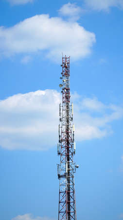 Technology on the top of the telecommunication GSM (5G, 4G, 3G) tower.Cellular phone antennas on a...