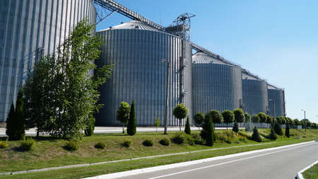 Agricultural Silo - building for storage and drying of grain crops. Industrial concept, silo tower over blue skyの写真素材