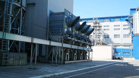 air ventilation. The galvanized pipes of the branching system are installed on the roof of the building.の写真素材