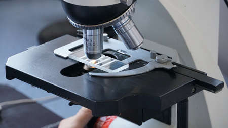 close-up of scientist hands with microscope, examining samples and liquidの写真素材
