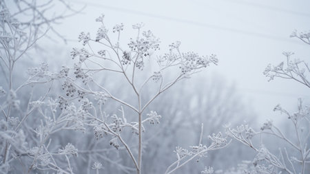 grass covered with frost in the first autumn frosts, abstract natural background. leaves of plants covered with frost, top view. Late autumn, the concept of frost. nの写真素材