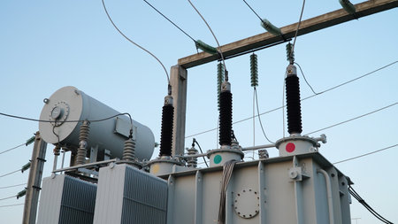 power transformer. electrical equipment. electric substance. High voltage transformer against the...