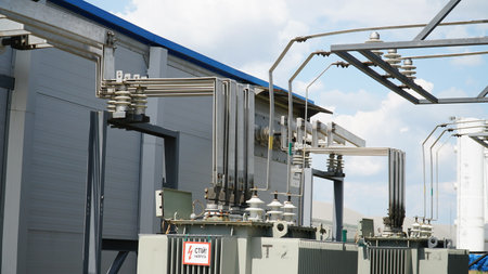 Busbar High Voltage. The high-voltage switch, high voltage element of the cell, an electrical isolator. Low voltage busbar.の写真素材