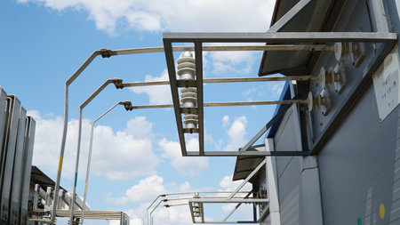 Busbar High Voltage. The high-voltage switch, high voltage element of the cell, an electrical isolator. Low voltage busbar.の写真素材