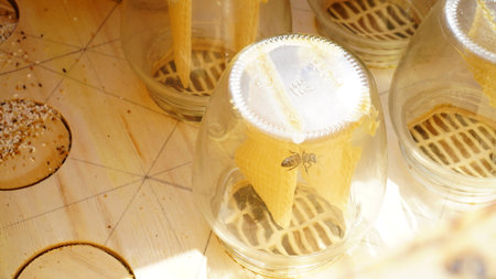 Jar with honeycombs. Bees carry honey in a jar. A swarm of bees around a jar, in an apiary.の写真素材