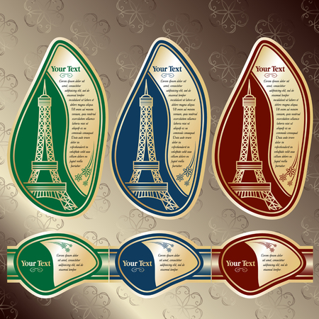 Set of labels with a sight on the Eiffel tower (Paris). Red, Blue and Green colors are used. Grouped for easy editing. Perfect for labels for wine, champagne and etc.のイラスト素材