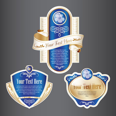 Set of Blue and Gold ornate label. Grouped for easy editing. Perfect for labels or stickers for wine, beer, champagne, cognac, cologne and etc.のイラスト素材