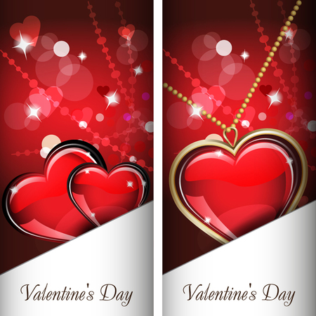 St. Valentine's Day. Two cards with glass red and gold heart on wonderful Background. It has a white pocket. Grouped for easy editing. Perfect for invitations or announcements or restaurant menu.のイラスト素材