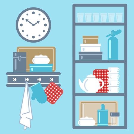 Vector illustration with kitchen shelves and cooking utensils. Grouped for easy editing.のイラスト素材