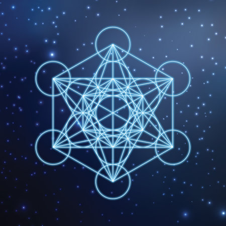 Metatron - Metatron's cube. Sacred geometry symbol. Sacred geometry sign. Abstract mystic symbol on the starry sky background.の素材