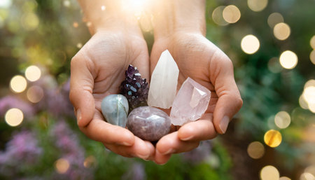 Hands holding crystals, healing stones in beautiful sunlight for alternative therapy with bokeh effectの素材