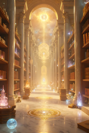 Akashic records Library - Holy Book - Magic Book - Akasha reading - library interior with bookshelves and columnsの素材