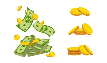 Pocket cash, money pile coin flat cartoon, small set. Gold coins heap, bank currency falling, fly. Hundreds dollars cash bundle, green raining bill. Packed banknotes. Isolated vector illustrationのイラスト素材