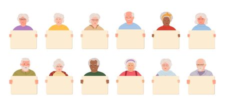 Elderly group old people holding blank banner cartoon set. Older men, women retirement age protesters activists, parade. Different nations representatives elderly people poster. Vector illustrationのイラスト素材