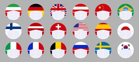 Set of medical masked flags. Coronavirus covid 19, cartoon International. Save health of the nation...