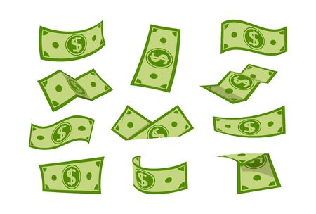 Money banknotes flat cartoon set. Green dollar in various positions, bank currency sign falling. Hundreds dollars cash bundle, green raining bill. Isolated vector illustrationのイラスト素材
