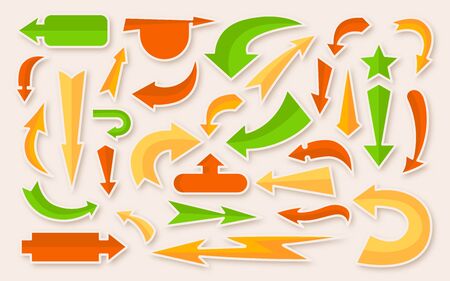 Arrow vibrant colored sticker set. Simple infographic collection. Multicolored comic cursor, sign boom icons with shadow. Different stickers arrows symbol up, left, right, down. Vector illustrationのイラスト素材