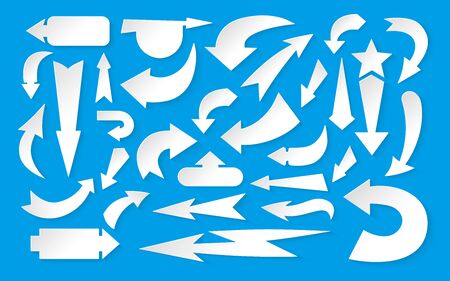 Arrow various directions white paper set. Design elements with shadows infographic collection. Blank apps and website. Cursor sign. Different arrows symbol up, left, right, down. Vector illustrationのイラスト素材