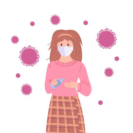 Beautiful masked girl uses an antiseptic, stop pandemic cartoon. Coronavirus Covid 19 virus in air, concept against. Save from coronavirus outbreak prevention. Vector illustrationのイラスト素材