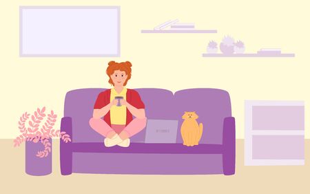 Freelancer girl with laptop on couch. Stay work home concept. Stop covid outbreak and virus spread. Girl studying, drinking coffee. Freelancer, student cartoon character. Vector illustrationのイラスト素材